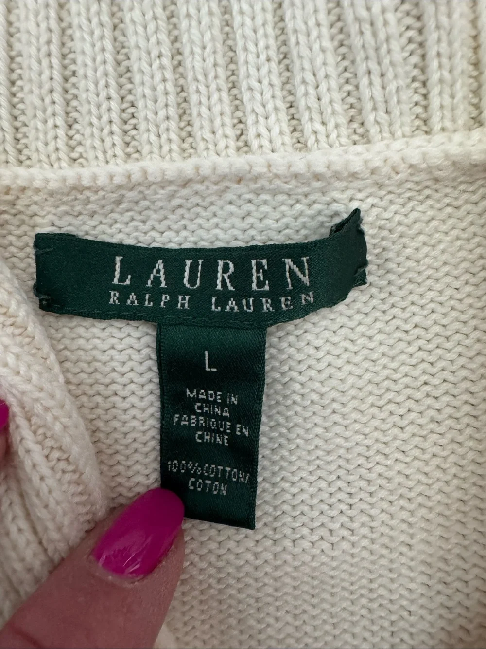 Lauren Ralph Lauren Cream Toggle Sweater Shawl Collar Cotton Knit Large F67 - Picture 6 of 7